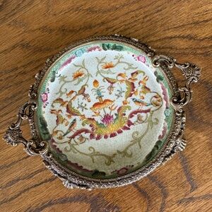 Antique Hua Rong Tang Zhi Porcelain & Ornate Bronze Footed Tray Floral w/ birds